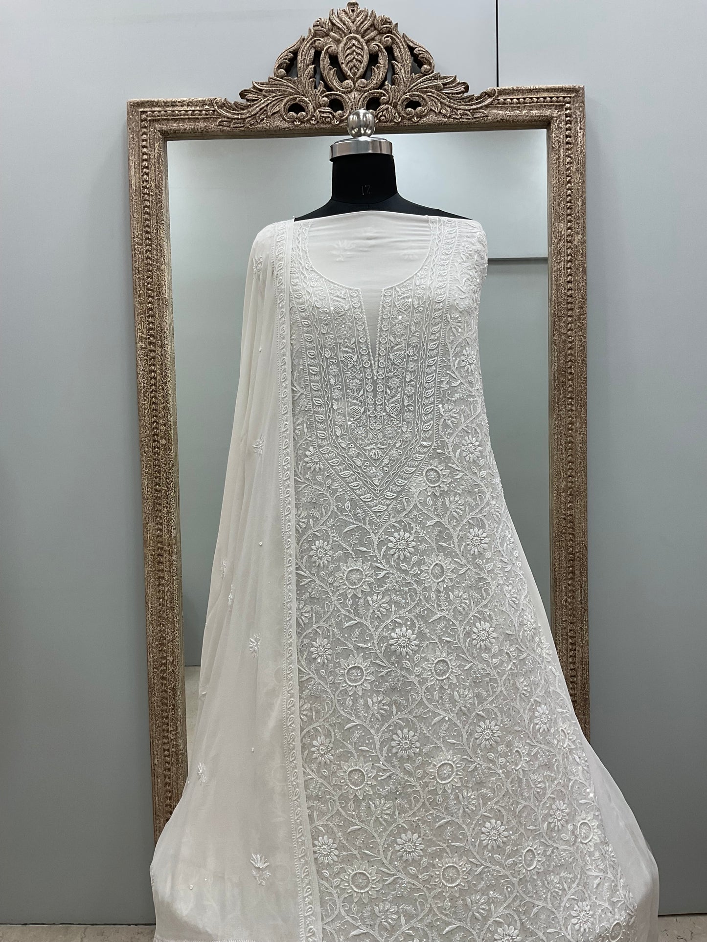 Do and Teen Taar Superfine Pure Georgette Heavy Pearl And Cutdana Work With Dupatta Off White 01