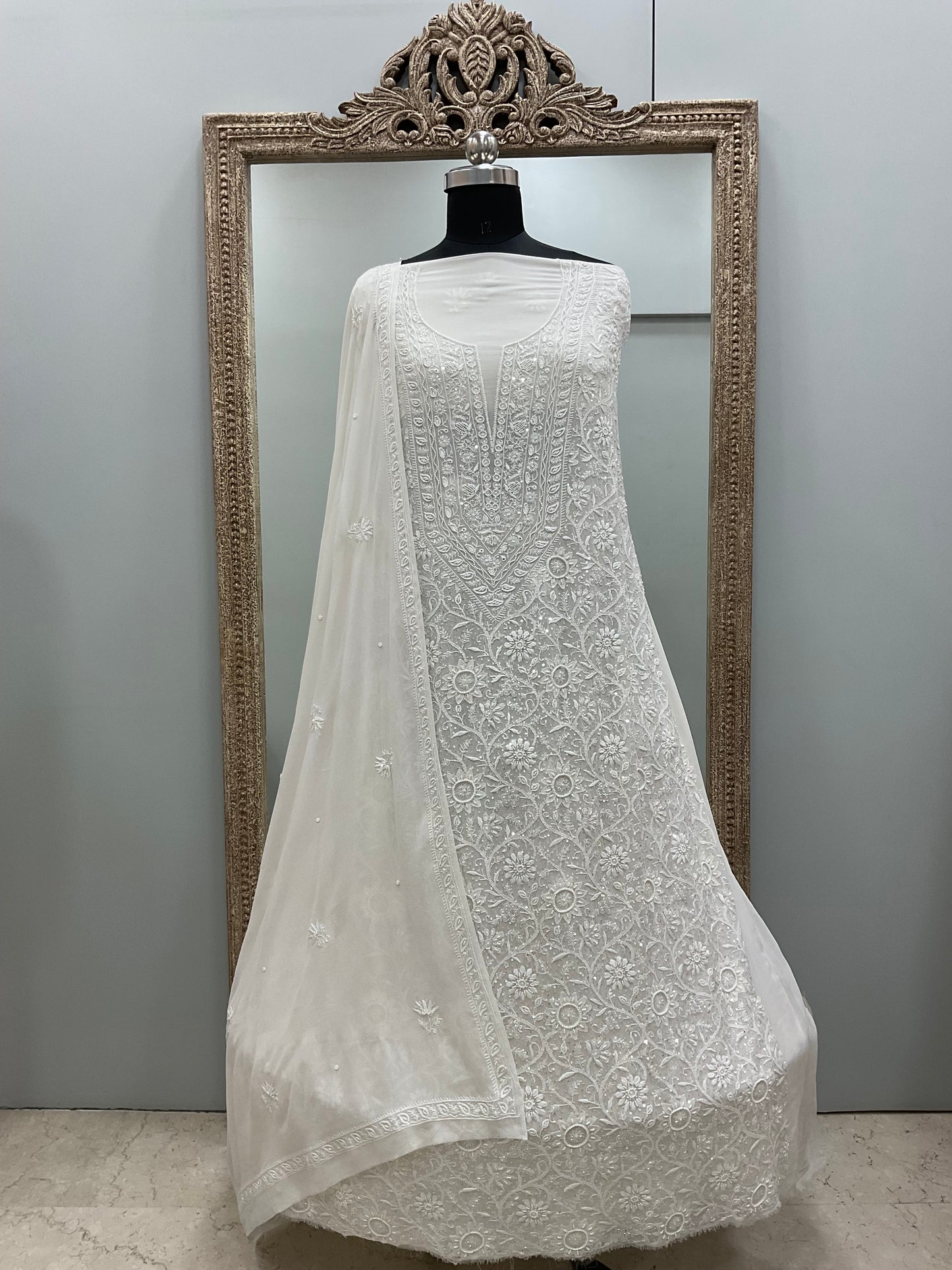Do and Teen Taar Superfine Pure Georgette Heavy Pearl And Cutdana Work With Dupatta Off White 01
