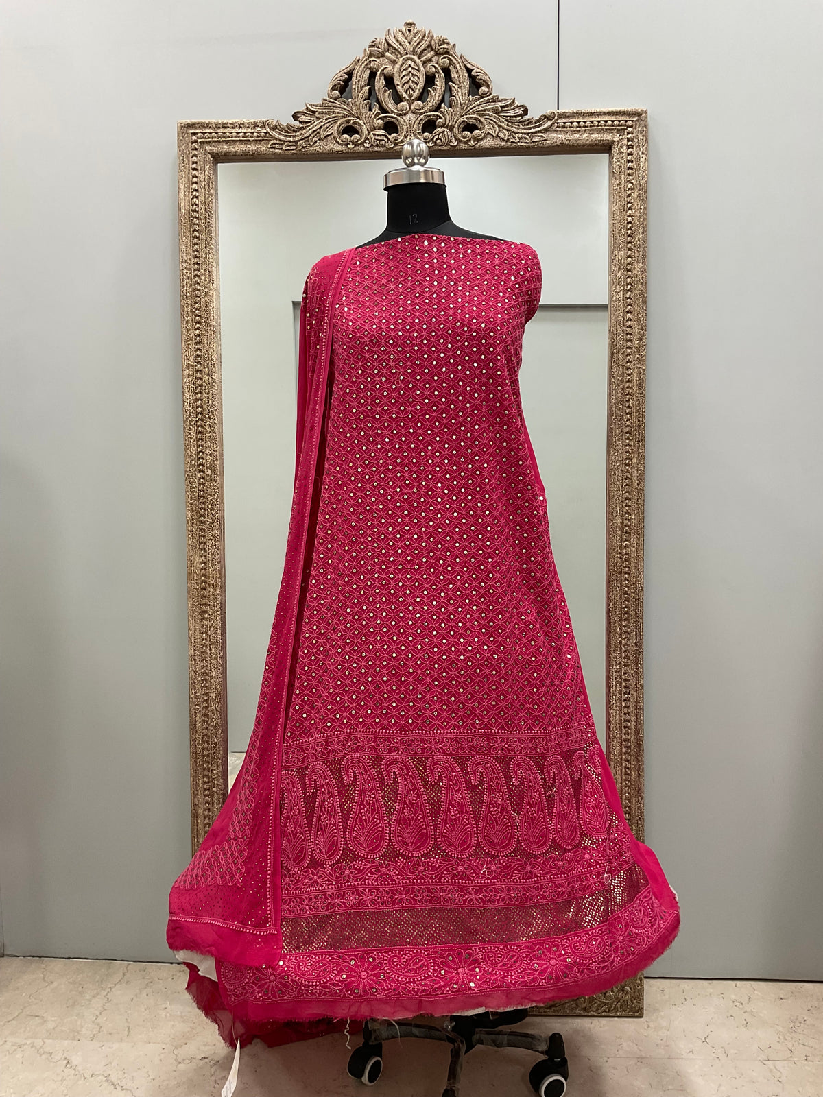 Pure Georgette Heavy Front and Back Same Mukaish Work With Dupatta Magenta