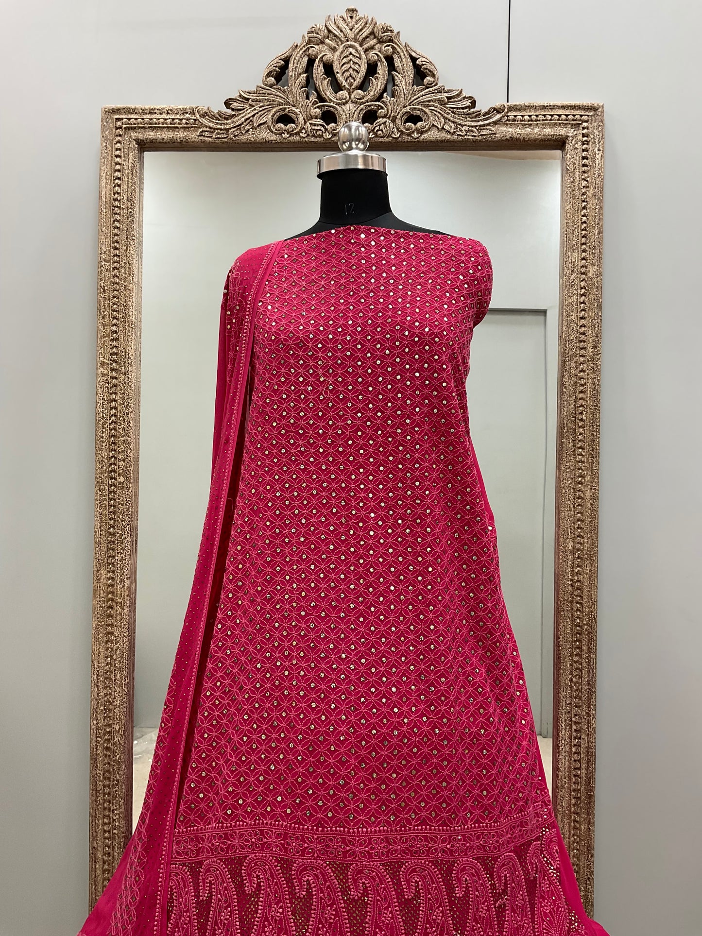 Pure Georgette Heavy Front and Back Same Mukaish Work With Dupatta Magenta