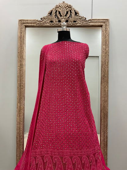 Pure Georgette Heavy Front and Back Same Mukaish Work With Dupatta Magenta