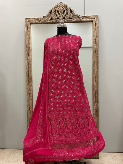 Pure Georgette Heavy Front and Back Same Mukaish Work With Dupatta Magenta