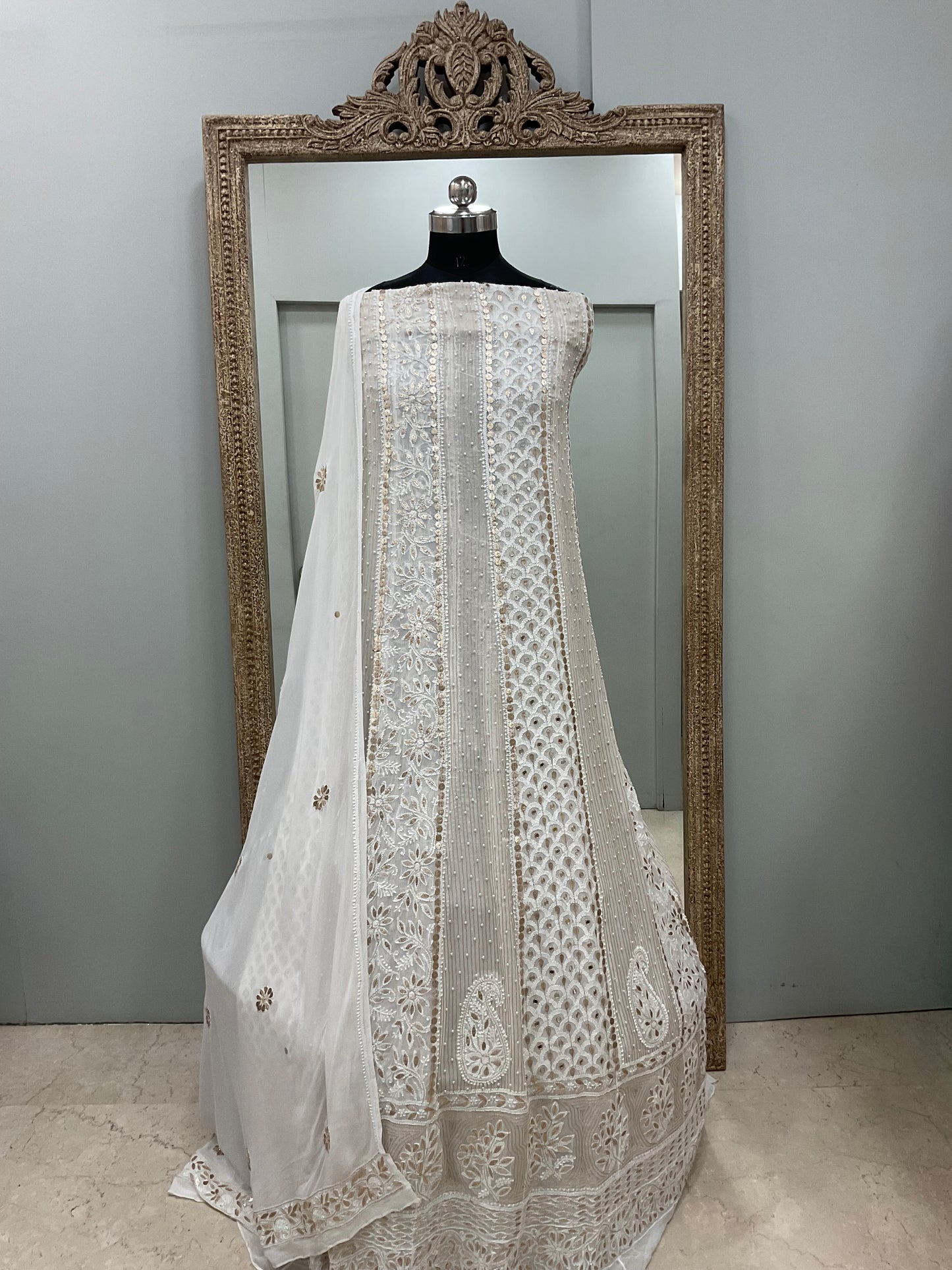 Georgette Anarkali Heavy Gota Mirror And Pearl Work White 01