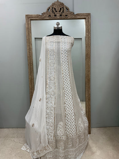 Georgette Anarkali Heavy Gota Mirror And Pearl Work White 01