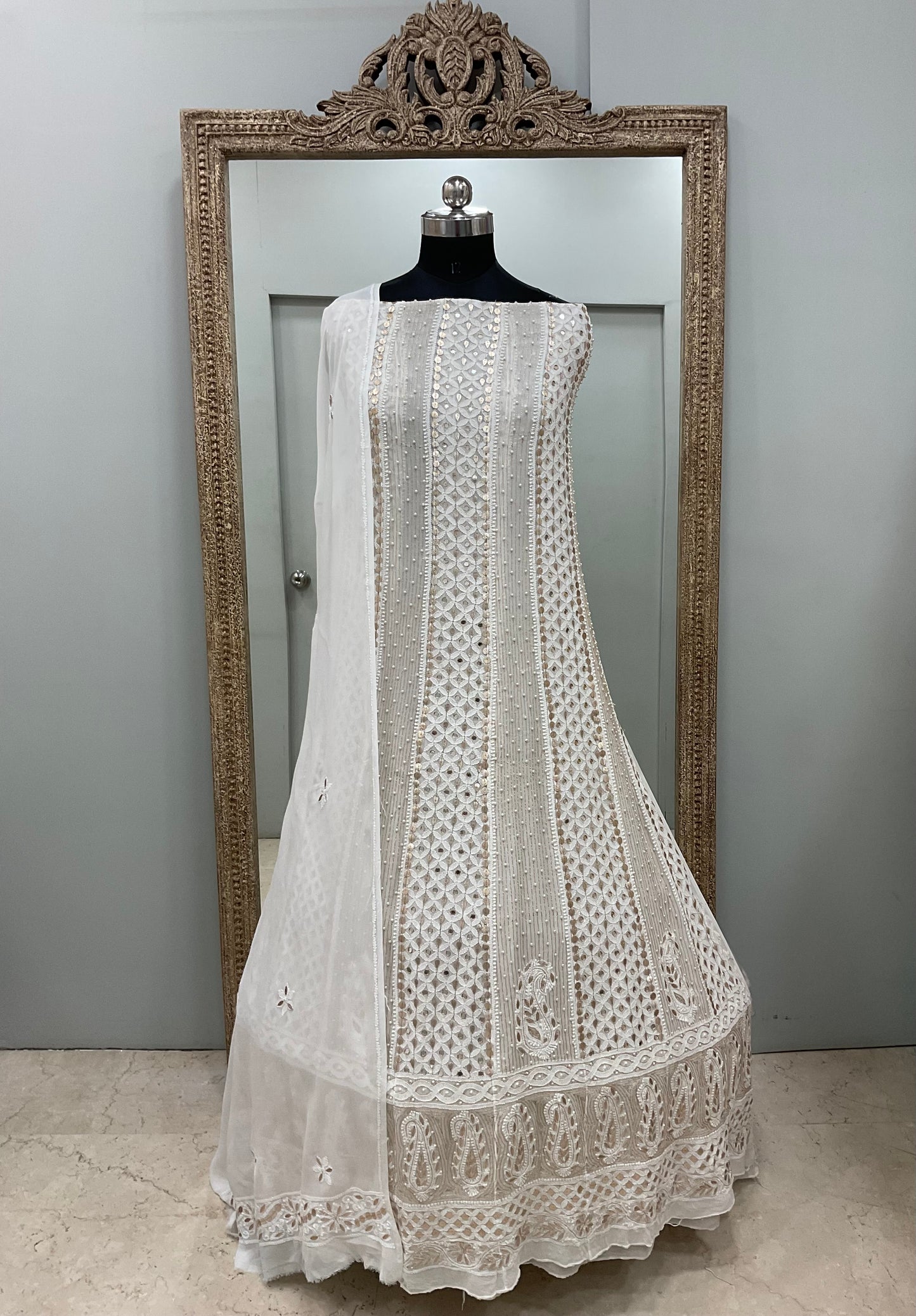 Georgette Anarkali Heavy Gota Mirror And Pearl Work White 02