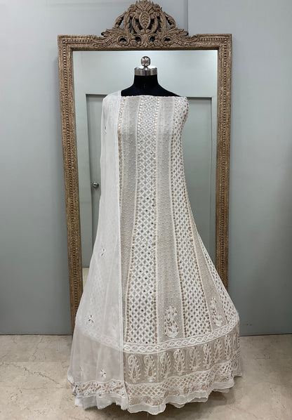 Georgette Anarkali Heavy Gota Mirror And Pearl Work White 02