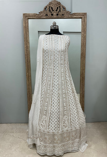 Georgette Anarkali Heavy Gota Mirror And Pearl Work White 06
