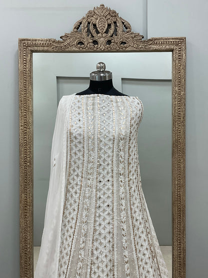 Georgette Anarkali Heavy Gota Mirror And Pearl Work White 06