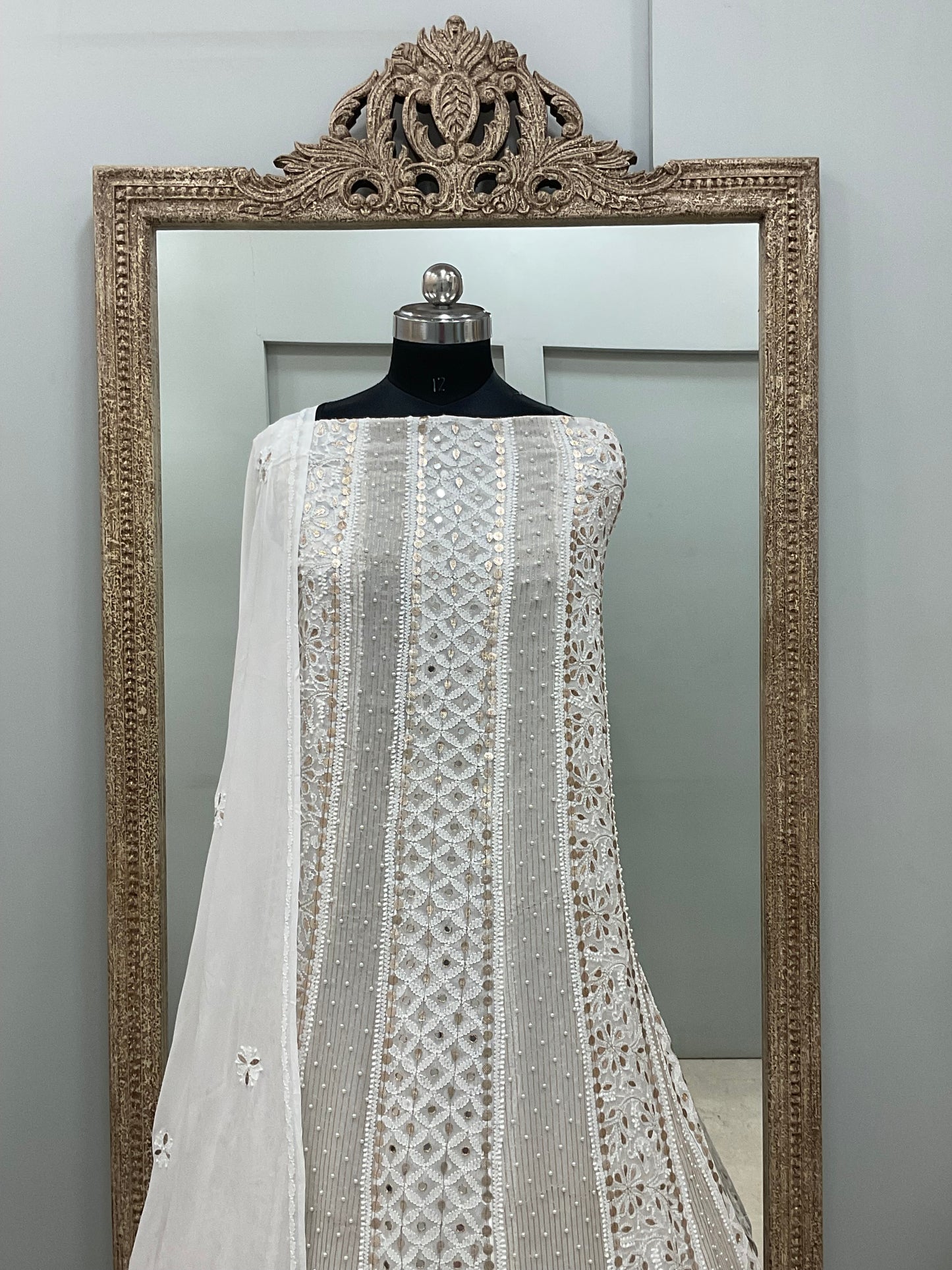 Georgette Anarkali Heavy Gota Mirror And Pearl Work White 07
