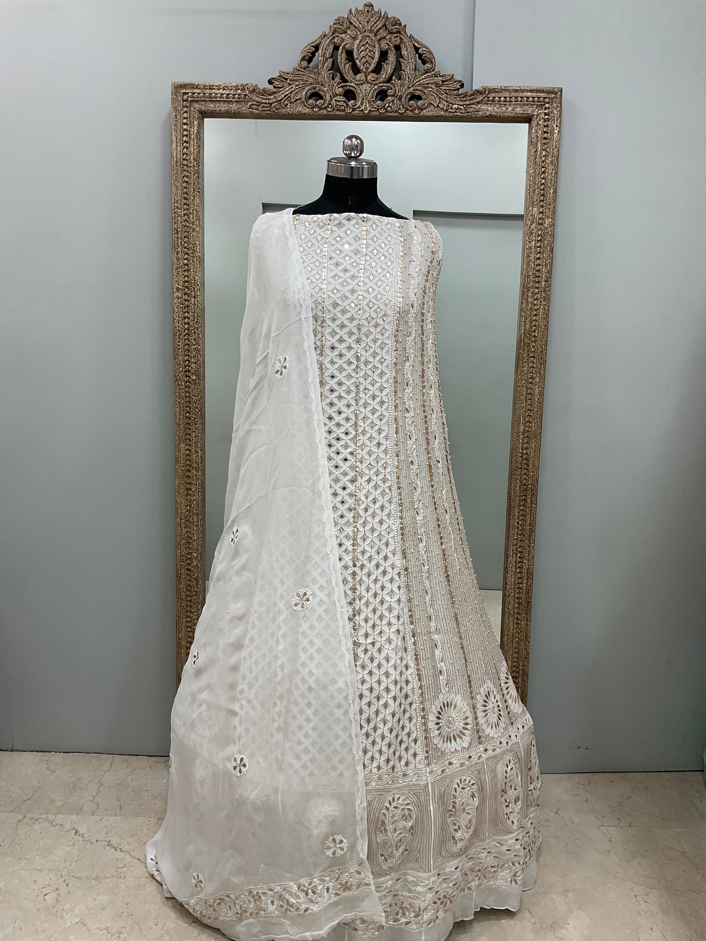 Georgette Anarkali Heavy Gota Mirror And Pearl Work White 09