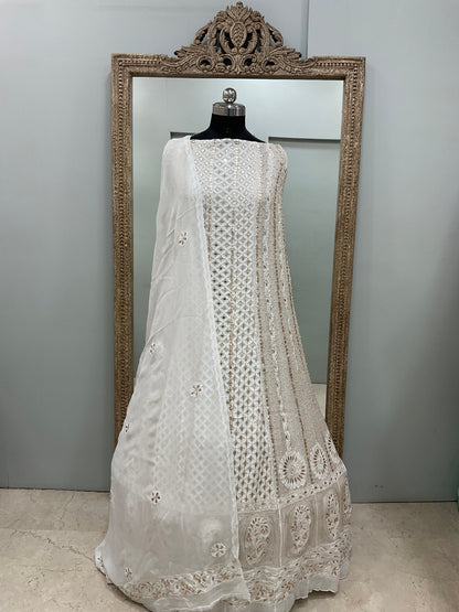 Georgette Anarkali Heavy Gota Mirror And Pearl Work White 09