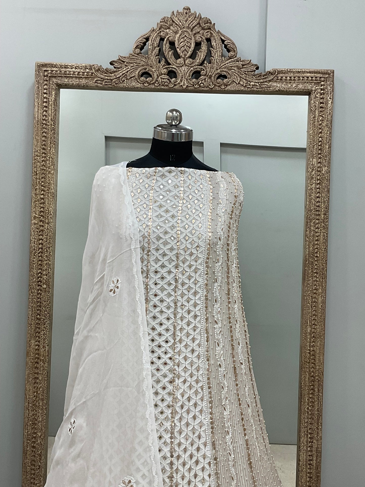 Georgette Anarkali Heavy Gota Mirror And Pearl Work White 09