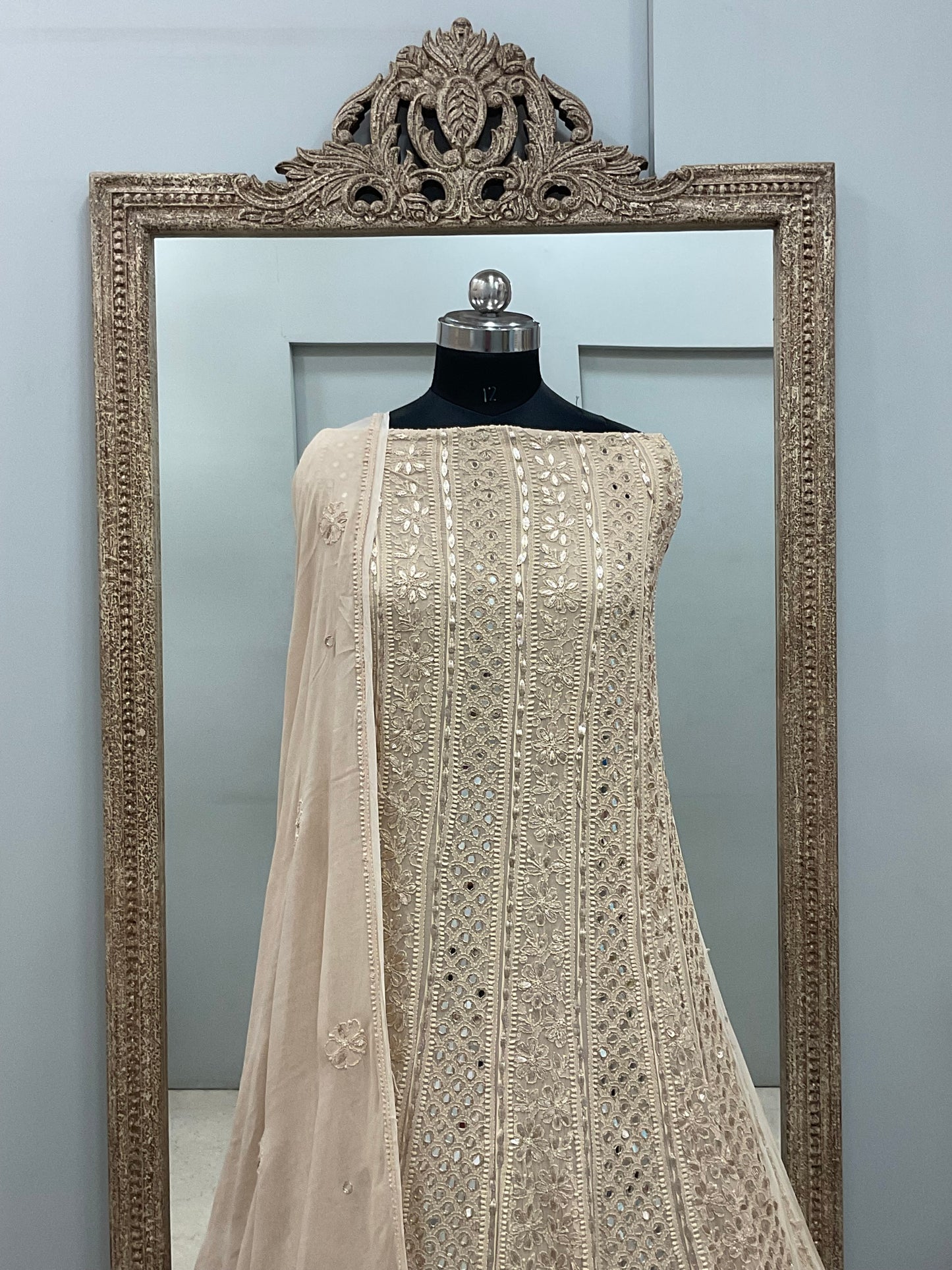 Georgette Anarkali Heavy Gota Mirror And Pearl Work Beige