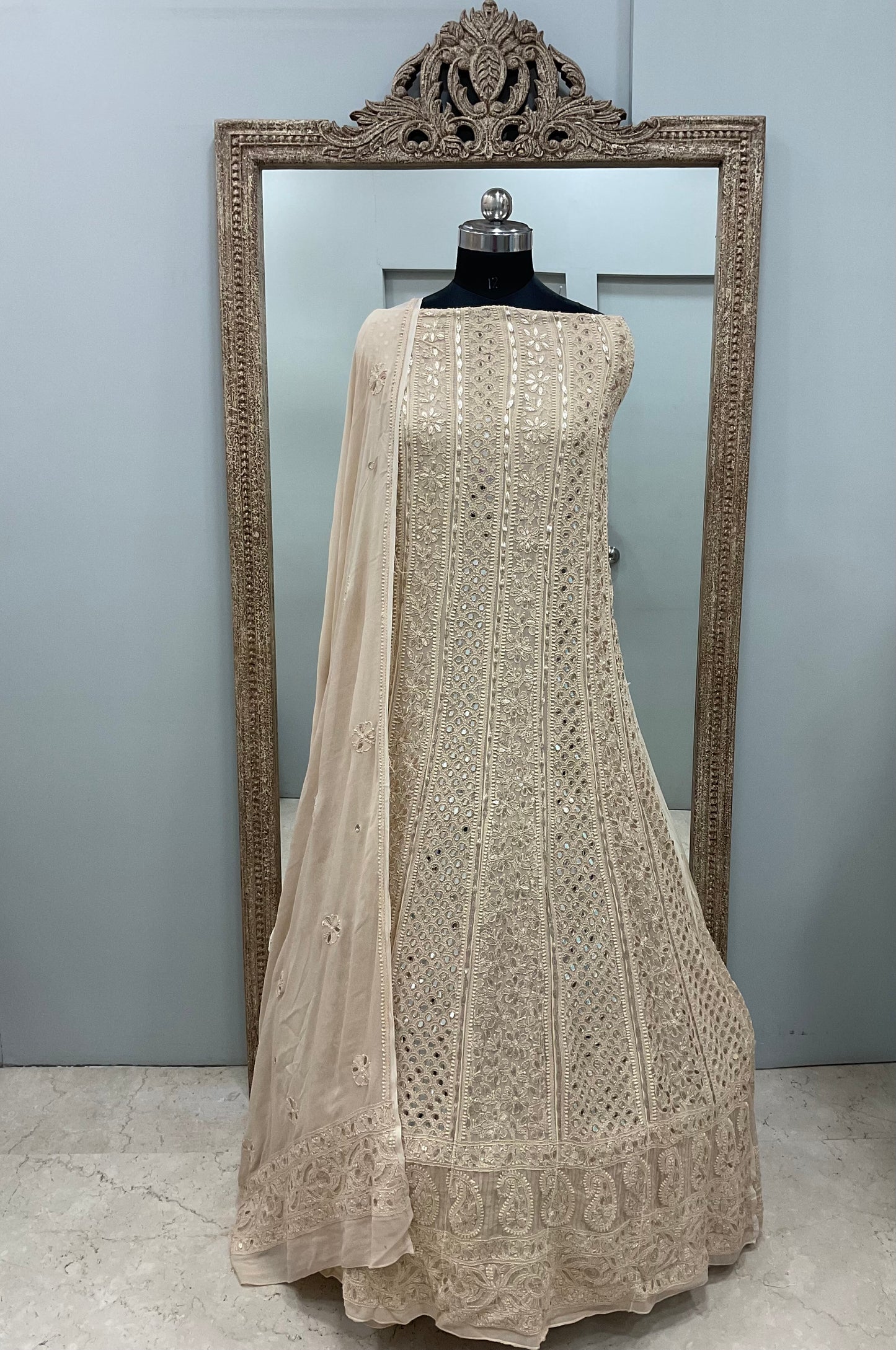 Georgette Anarkali Heavy Gota Mirror And Pearl Work Beige