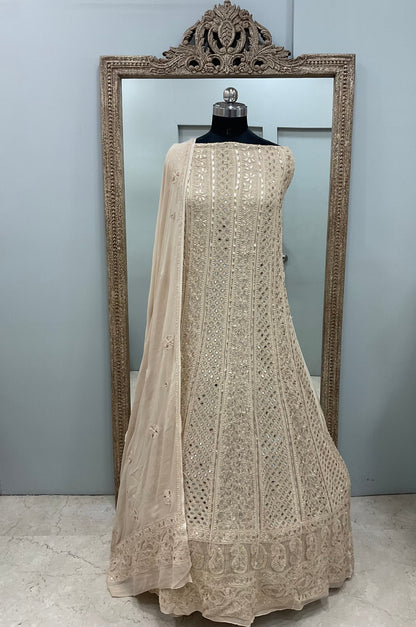 Georgette Anarkali Heavy Gota Mirror And Pearl Work Beige