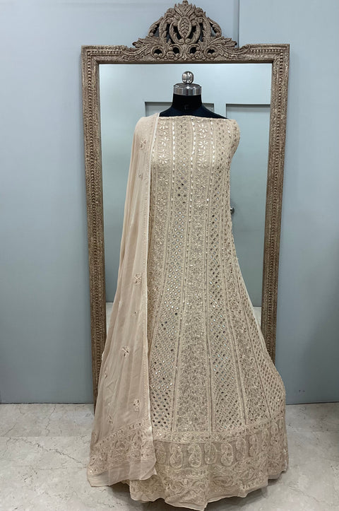 Georgette Anarkali Heavy Gota Mirror And Pearl Work Beige