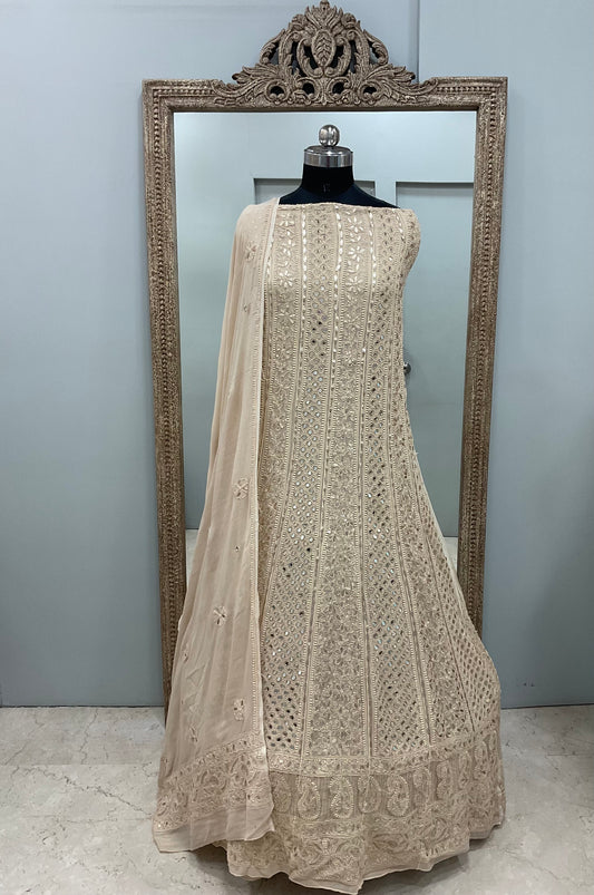 Georgette Anarkali Heavy Gota Mirror And Pearl Work Beige