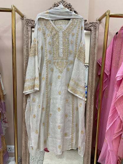 Tissue Semistihed Straight Pearl And Addon Work Shirt And Dupatta Silver