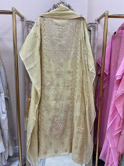 Tissue Semistihed Straight Chikan Jali Work Shirt And Dupatta Lemon Yellow