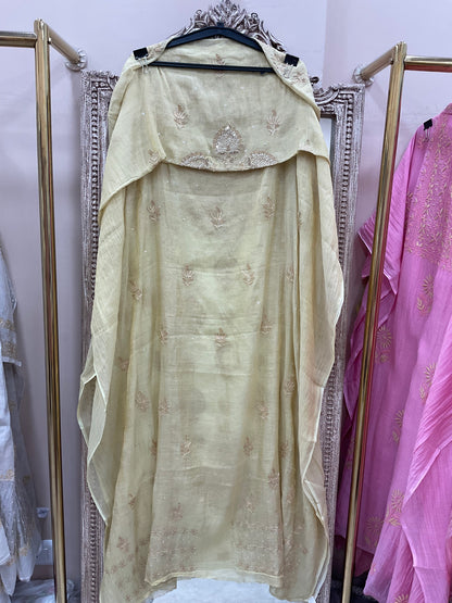 Tissue Semistihed Straight Chikan Jali Work Shirt And Dupatta Lemon Yellow