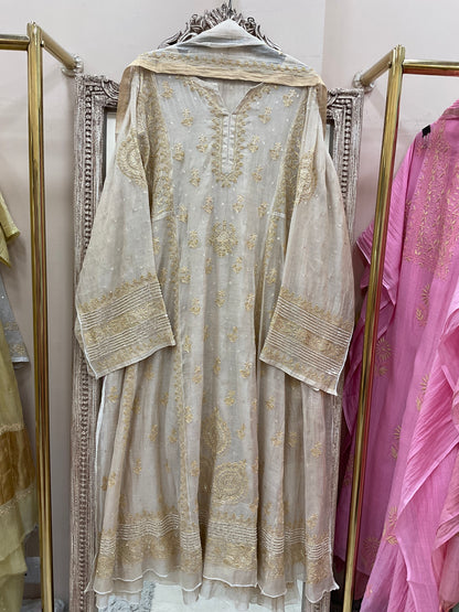 Superfine Tissue Semistihed Anarkali SPearl And Addon Work Shirt And Dupatta Golden