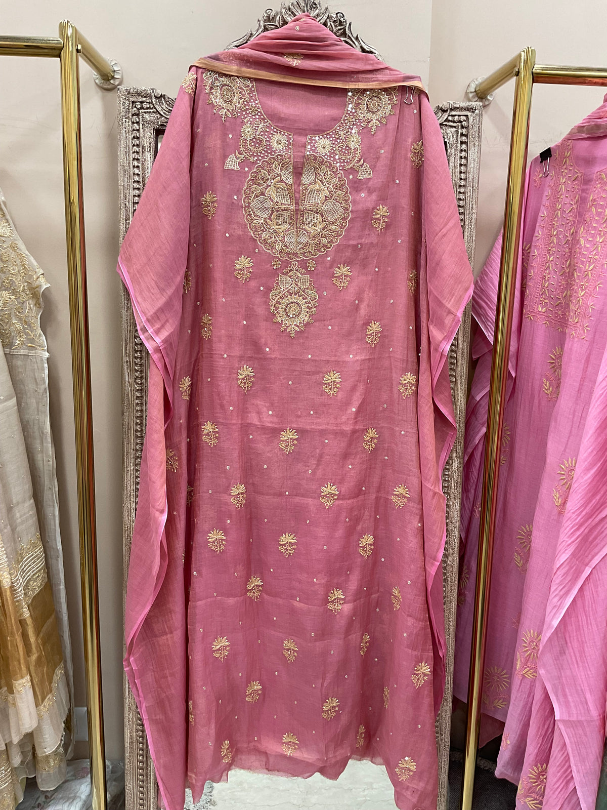 Tissue Semistihed Straight Chikan Jali Work Shirt And Dupatta Gajri
