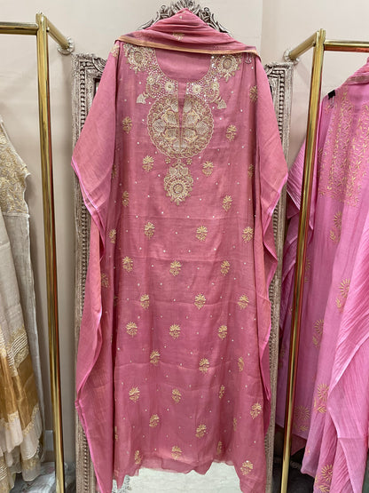 Tissue Semistihed Straight Chikan Jali Work Shirt And Dupatta Gajri