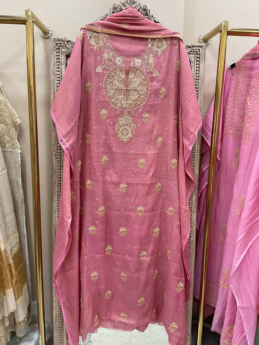 Tissue Semistihed Straight Pearl And Addon Work Shirt And Dupatta Gajri
