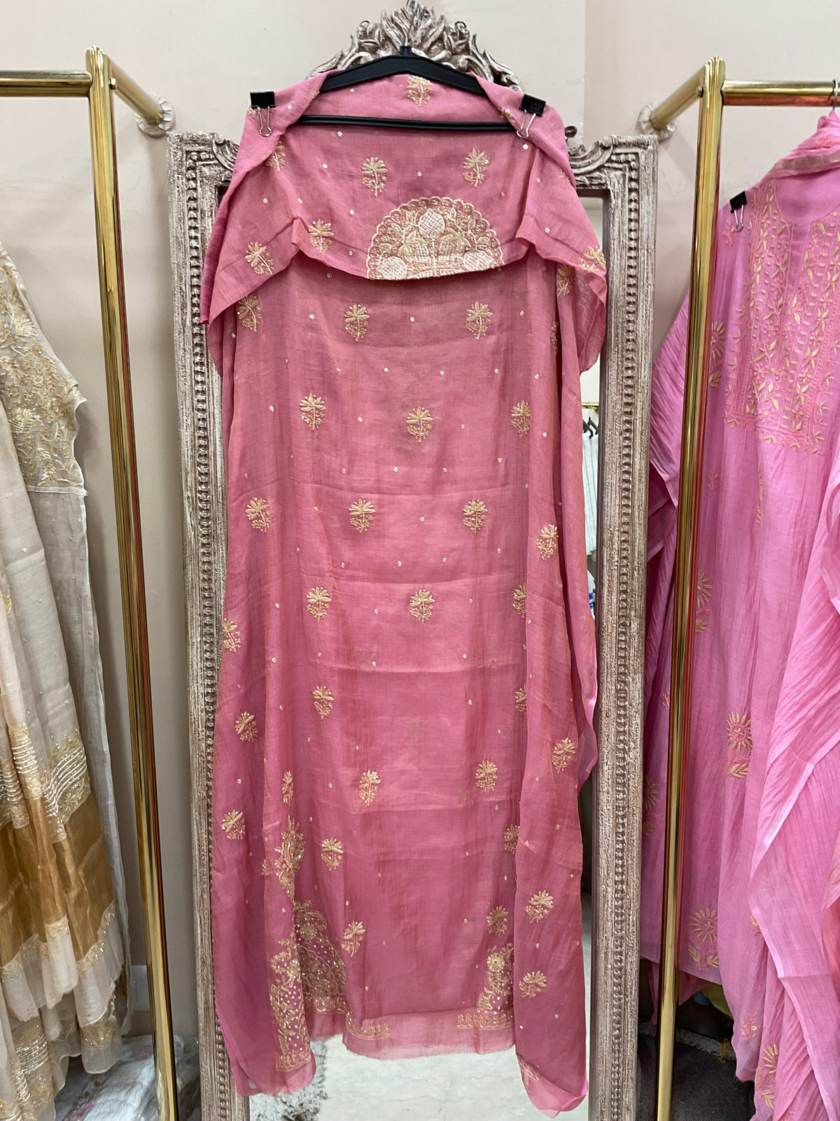 Tissue Semistihed Straight Chikan Jali Work Shirt And Dupatta Gajri