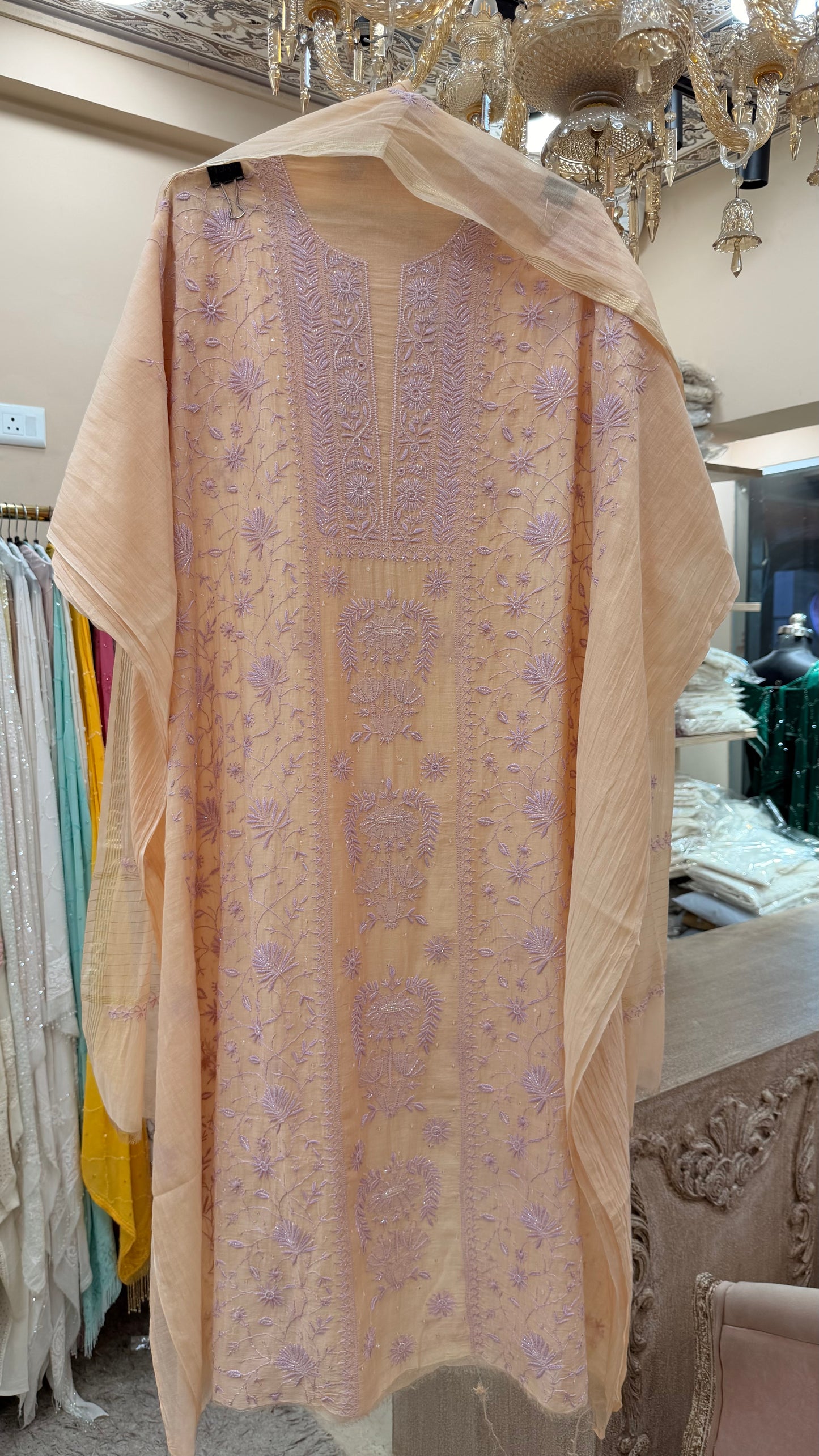 Pure Mulmul Cotton Semistiched Kurta Pearl And Addon Work With Dupatta Beige