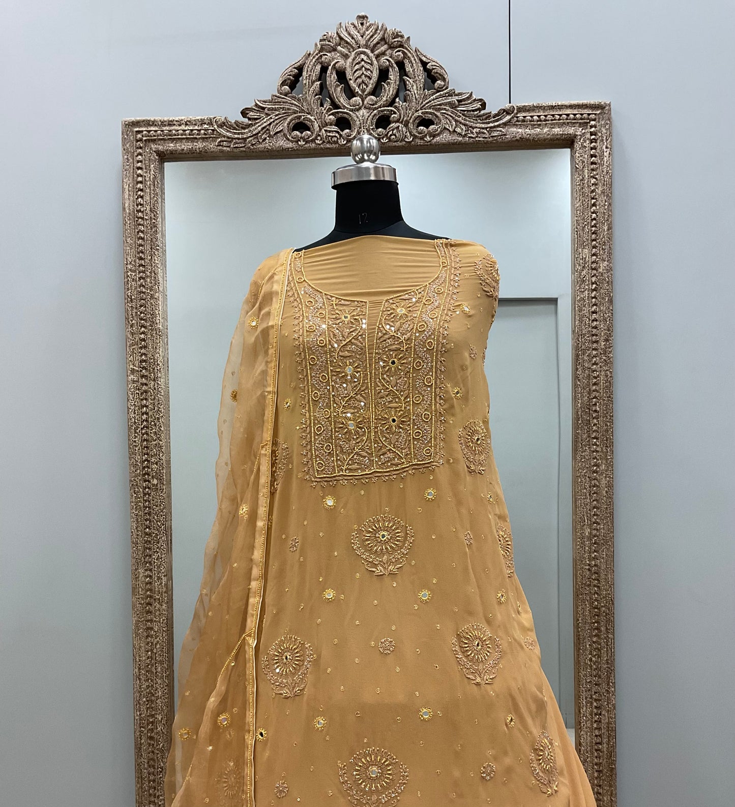 Pure Georgette Heavy Shirt With Pure Organza Dupatta Pearl and Cutdana Orange