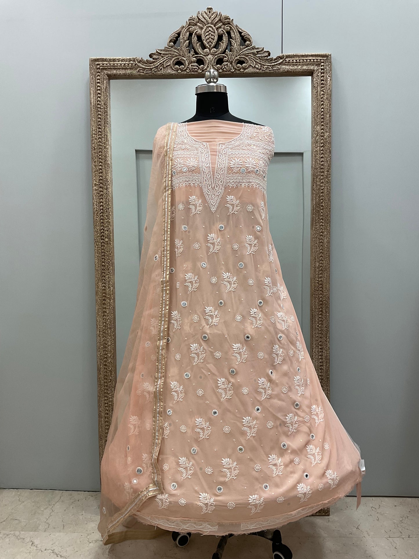 Pure Georgette Heavy Shirt With Pure Organza Dupatta Pearl and Cutdana Peach