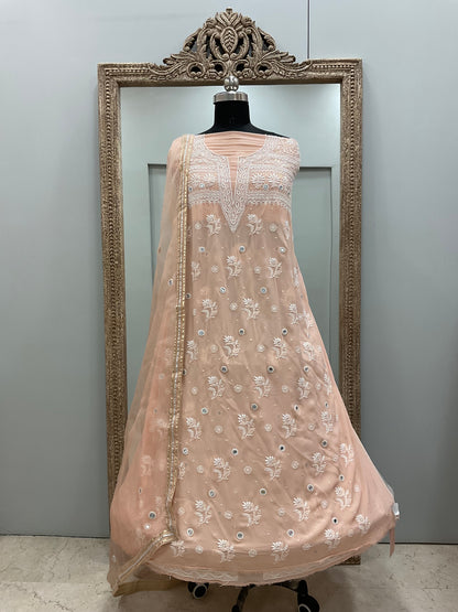 Pure Georgette Heavy Shirt With Pure Organza Dupatta Pearl and Cutdana Peach