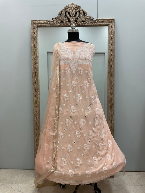 Pure Georgette Heavy Shirt With Pure Organza Dupatta Pearl and Cutdana Peach