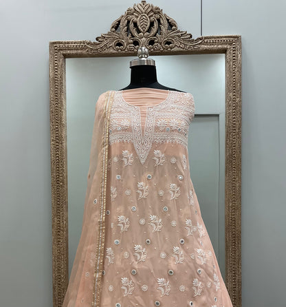 Pure Georgette Heavy Shirt With Pure Organza Dupatta Pearl and Cutdana Peach