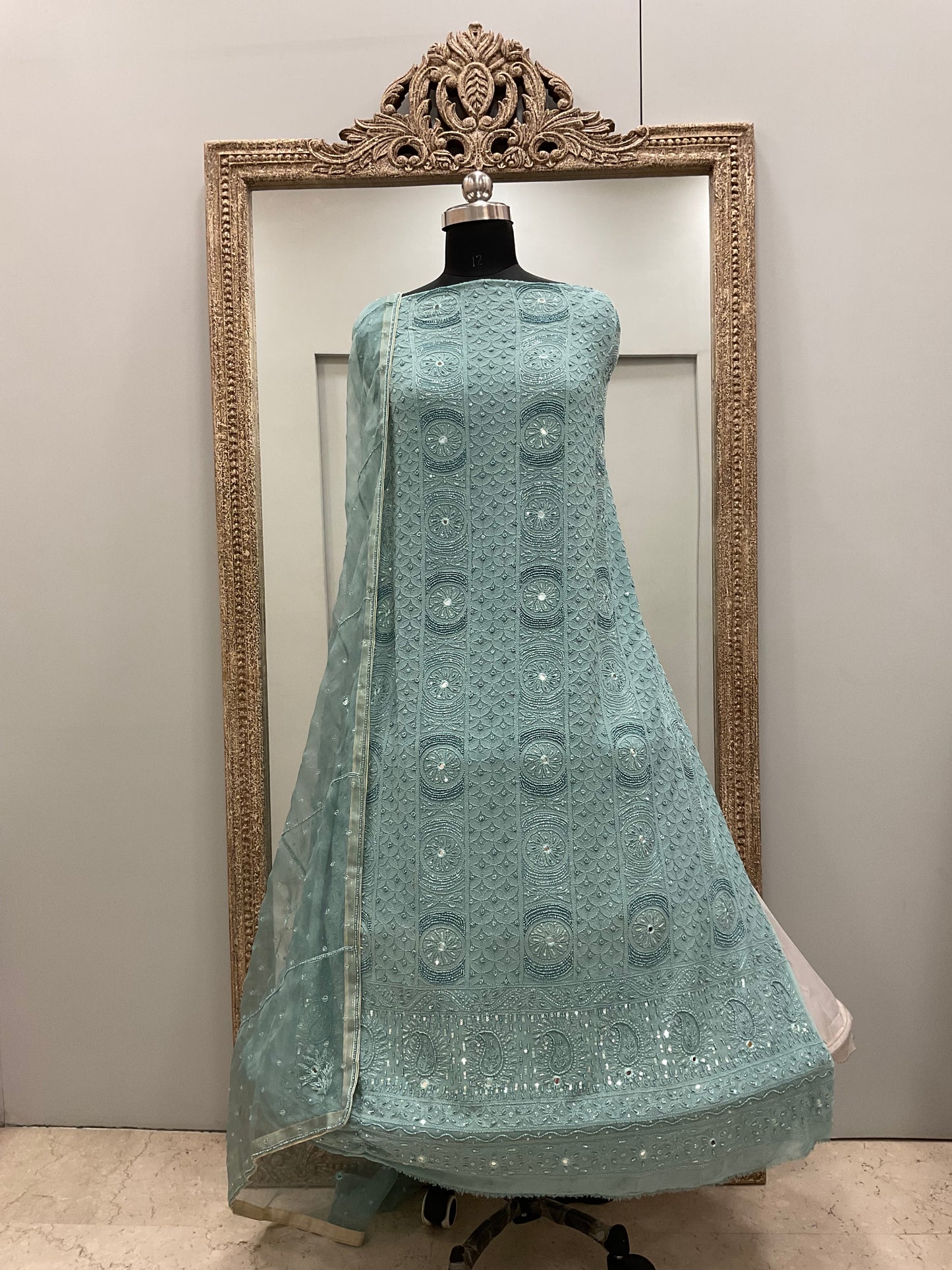 Pure Georgette Heavy Shirt With Organza Dupatta Green