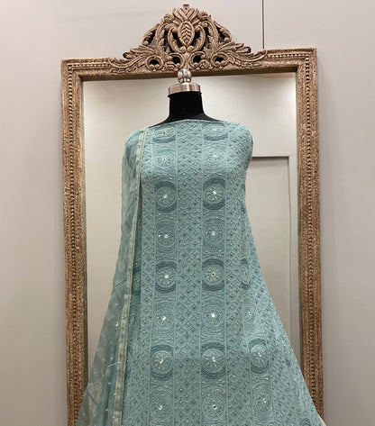 Pure Georgette Heavy Shirt With Organza Dupatta Green