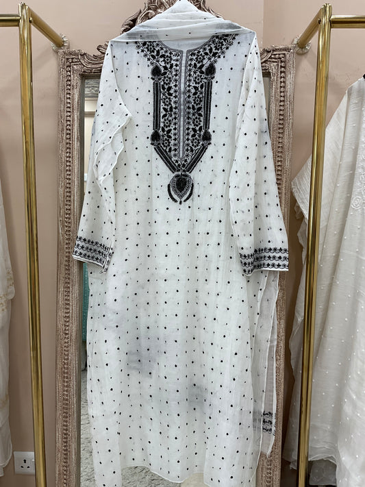 Pure Mulmul Semistiched Kurta Pearl And Addon Work With Dupatta Black And White 01