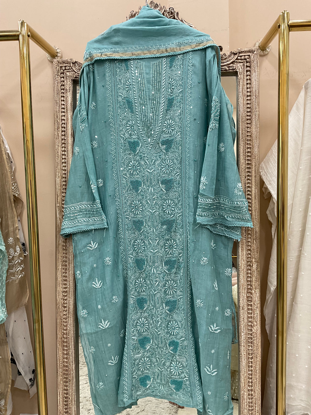 Pure Mul Cotton Straight Pearl And Addon Work With Dupatta Blue