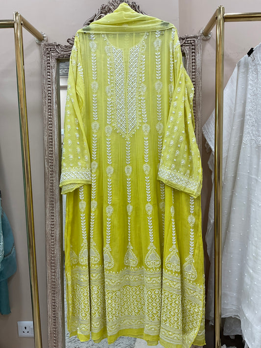 Pure Mul Anarkali Heavy Pearl And Cutdana Work With Dupatta Lemon Green