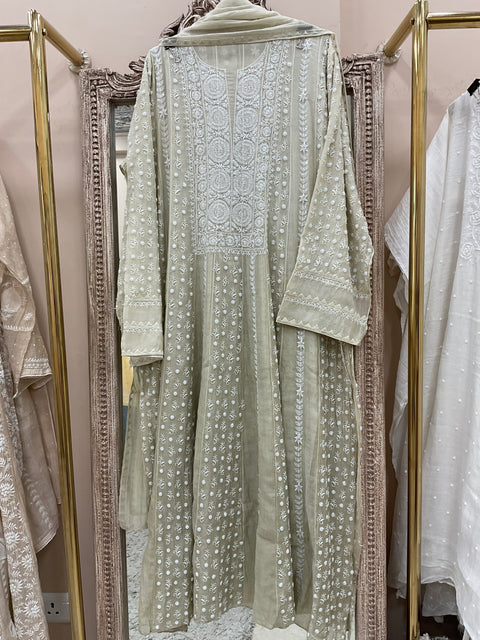 Pure Mul Anarkali Heavy Pearl And Cutdana Work With Dupatta Beige