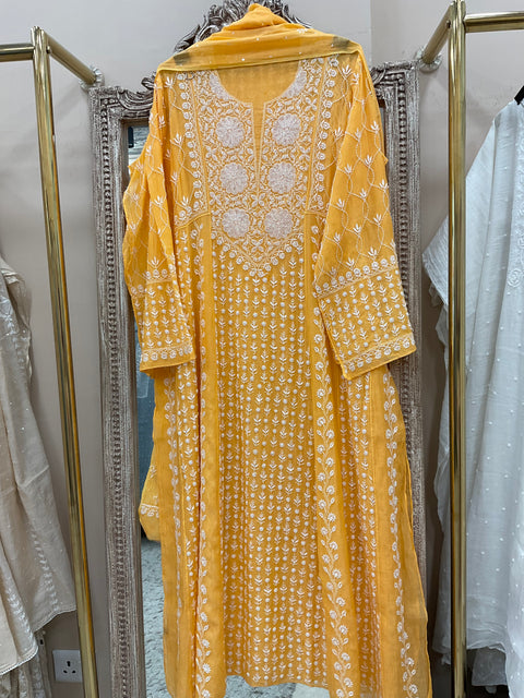 Pure Mul Anarkali Heavy Pearl And Cutdana Work With Dupatta Orange