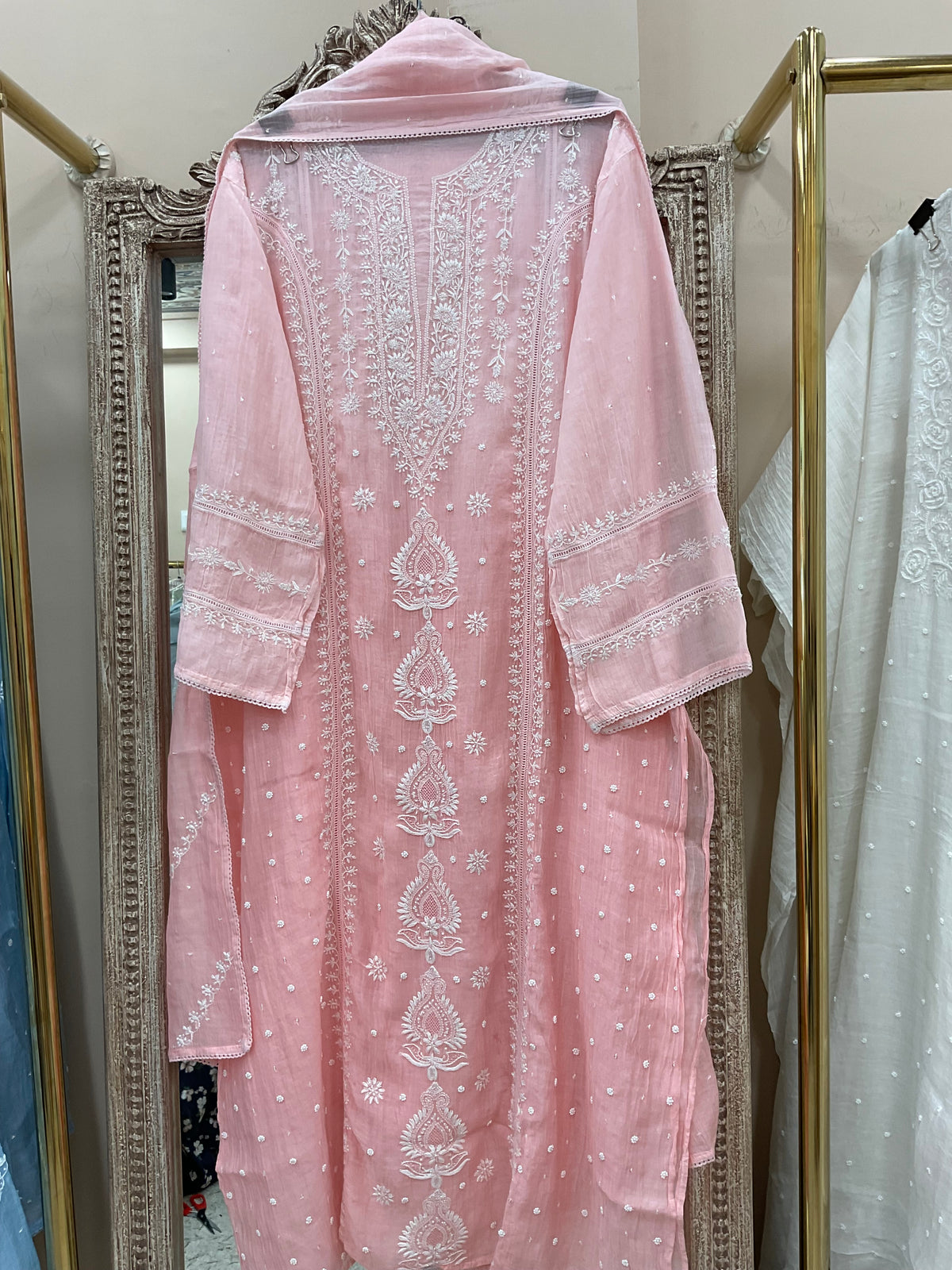 Pure Mulmul Cotton Semistiched Kurta Pearl And Addon Work With Dupatta Peach