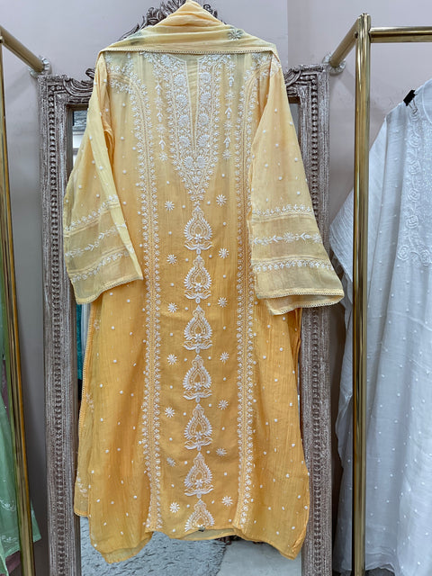 Pure Mulmul Cotton Semistiched Kurta Pearl And Addon Work With Dupatta Yellow
