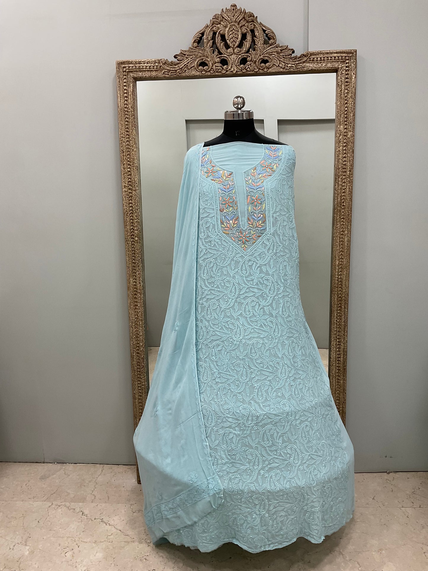 Georgette Straight Shirt and Dupatta Pearl And Parsi Work Blue