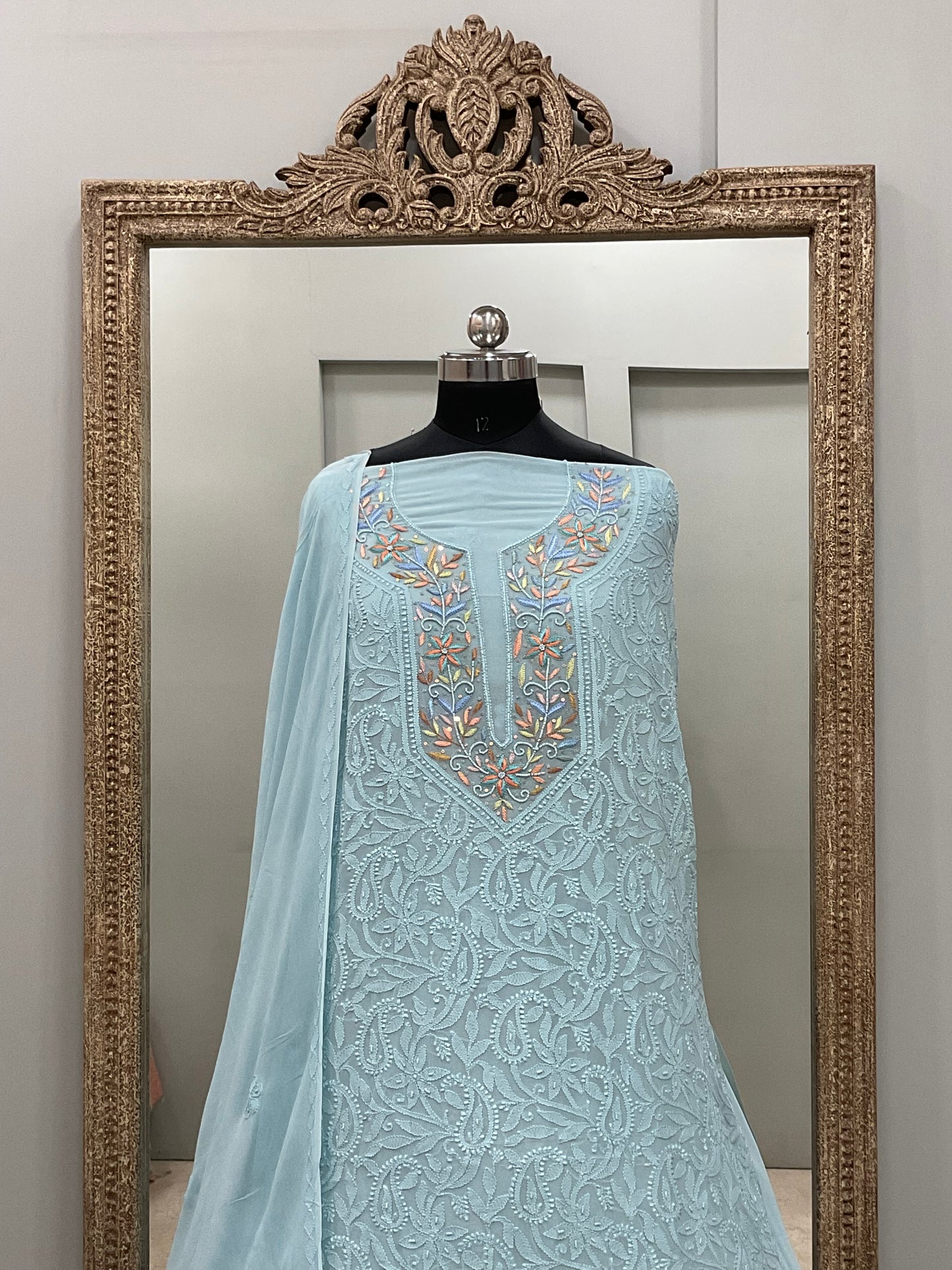 Georgette Straight Shirt and Dupatta Pearl And Parsi Work Blue