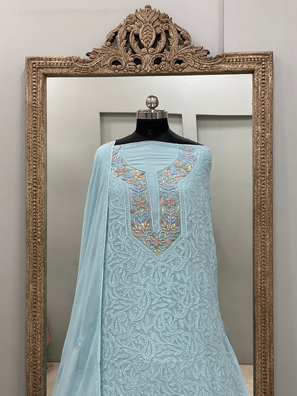 Georgette Straight Shirt and Dupatta Pearl And Parsi Work Blue