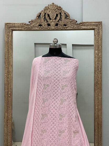Colored Pearl Georgette Shirt With Dupatta Pink