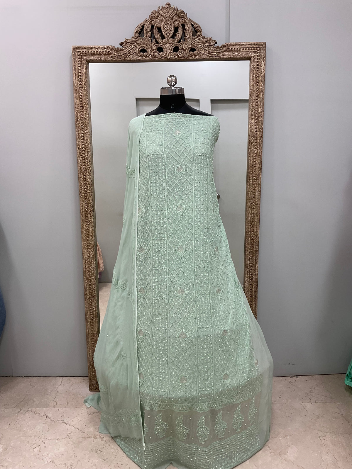 Colored Pearl Georgette Shirt With Dupatta Sea Green