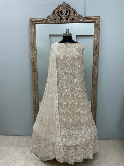 Superfine Pure Georgette Anarkali Heavy Pearl, Cutdana and Sequence,Jaali Work Golden